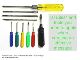 10 rules* and tools you need to apply when creating an effective message *based on Frank Lunzt's book 'Words that Work – its not what you say, its what people hear' 
