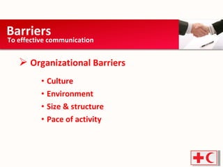 Organizational Barriers Culture Environment Size & structure Pace of activity  Barriers  To effective communication 