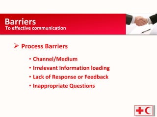 Process Barriers Channel/Medium Irrelevant Information loading Lack of Response or Feedback Inappropriate Questions Barriers  To effective communication 