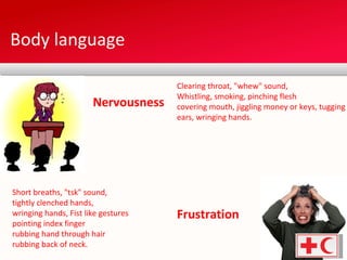 Body language  Frustration Clearing throat, "whew" sound, Whistling, smoking, pinching flesh  covering mouth, jiggling money or keys, tugging ears, wringing hands. Short breaths, "tsk" sound,  tightly clenched hands,  wringing hands, Fist like gestures  pointing index finger  rubbing hand through hair  rubbing back of neck. Nervousness 