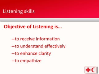 Listening skills to receive information  to understand effectively to enhance clarity to empathize Objective of Listening is… 