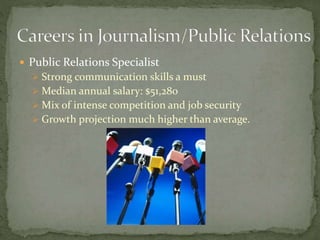  Public Relations Specialist
 Strong communication skills a must
 Median annual salary: $51,280
 Mix of intense competition and job security
 Growth projection much higher than average.
 