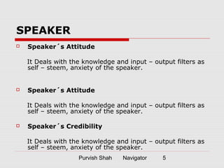 Purvish Shah Navigator 5
SPEAKER
 Speaker´s Attitude
It Deals with the knowledge and input – output filters as
self – steem, anxiety of the speaker.
 Speaker´s Attitude
It Deals with the knowledge and input – output filters as
self – steem, anxiety of the speaker.
 Speaker´s Credibility
It Deals with the knowledge and input – output filters as
self – steem, anxiety of the speaker.
 