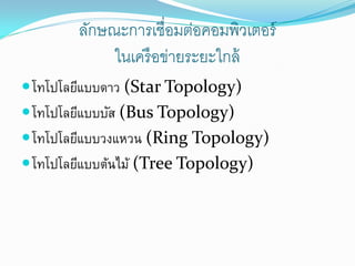 ลักษณะการเชื่อมต่อคอมพิวเตอร์
             ในเครื อข่ายระยะใกล้
 โทโปโลยีแบบดาว (Star Topology)
 โทโปโลยีแบบบัส (Bus Topology)
 โทโปโลยีแบบวงแหวน (Ring Topology)
 โทโปโลยีแบบต้นไม้ (Tree Topology)
 