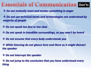 Verbal communicationVerbal communication is further divided into written and oral communication.Oral: the oral communication refers to spoken words inthe communication process. Spoken conversations or dialogs are influenced by voice modulation, pitch, volume and even the speed and clarity of speaking.Written: All the things which are communicated by writing. Effectiveness of written communication depends on the style of writing, vocabulary used, grammar, clarity and precision of language.