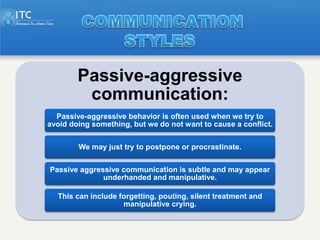 Passive-aggressive
         communication:
  Passive-aggressive behavior is often used when we try to
avoid doing somethin...