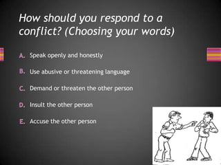 How should you respond to a
conflict? (Choosing your words)
Speak openly and honestly
Use abusive or threatening language
Demand or threaten the other person
Insult the other person
Accuse the other person