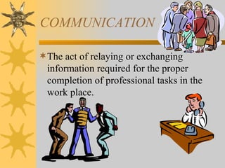 COMMUNICATION

The act of relaying or exchanging
 information required for the proper
 completion of professional tasks in the
 work place.
 