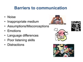 Barriers to communication

•   Noise
•   Inappropriate medium
•   Assumptions/Misconceptions
•   Emotions
•   Language differences
•   Poor listening skills
•   Distractions
 