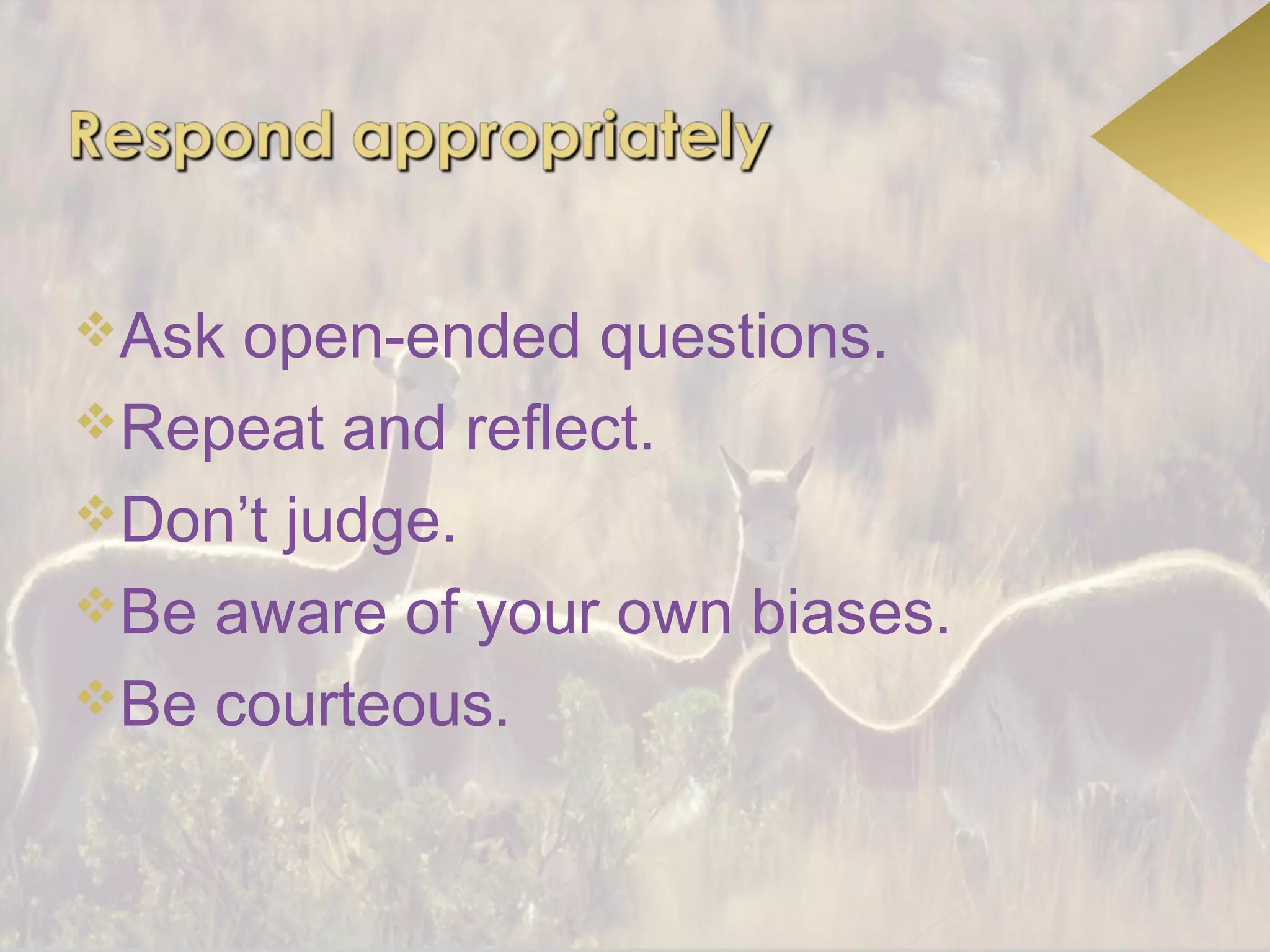 Ask open-ended questions.
Repeat and reflect.
Don’t judge.
Be aware of your own biases.
Be courteous.
 