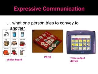 … what one person tries to convey to
 another




                  PECS         voice output
choice board
                               device
 