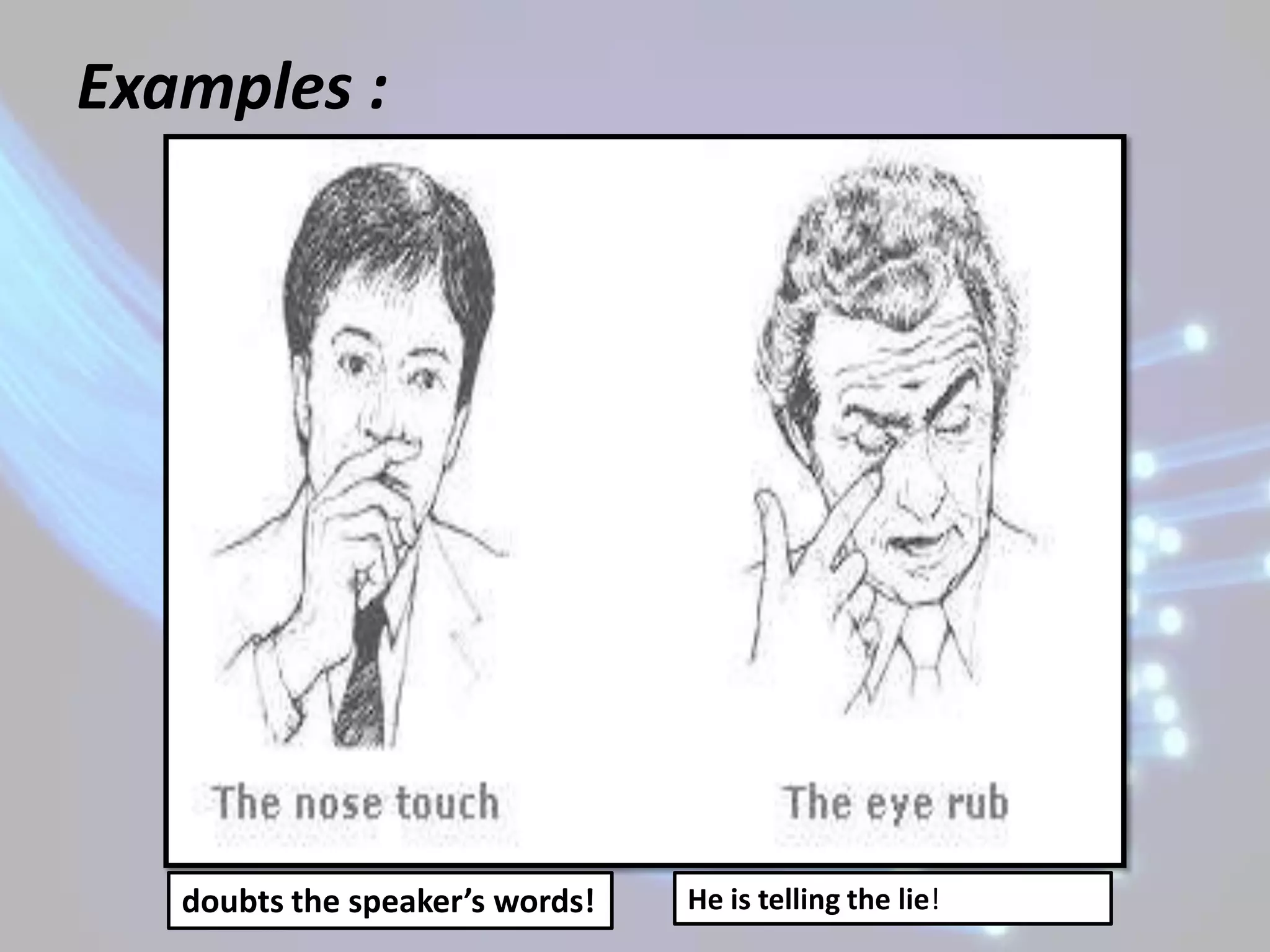 Examples :




   doubts the speaker’s words!   He is telling the lie!
 