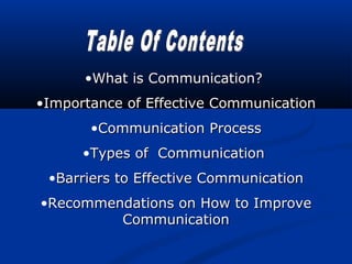 •What is Communication?
•Importance of Effective Communication
       •Communication Process
      •Types of Communication
 •Barriers to Effective Communication
•Recommendations on How to Improve
         Communication
 