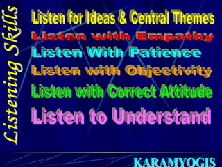 Listening Skills Listen for Ideas & Central Themes Listen with Empathy Listen With Patience Listen with Objectivity Listen with Correct Attitude Listen to Understand 