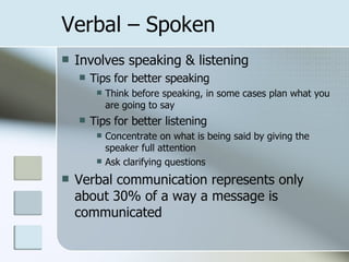 Verbal – Spoken Involves speaking & listening Tips for better speaking Think before speaking, in some cases plan what you are going to say Tips for better listening Concentrate on what is being said by giving the speaker full attention Ask clarifying questions Verbal communication represents only about 30% of a way a message is communicated 