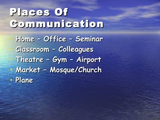 Places Of Communication Home – Office – Seminar Classroom – Colleagues Theatre – Gym – Airport Market – Mosque/Church Plane 