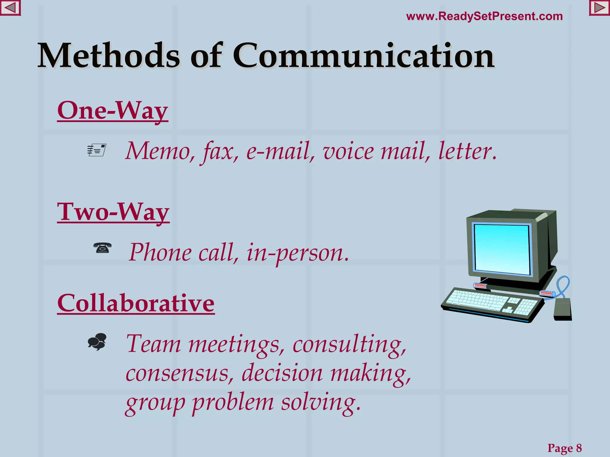 www.ReadySetPresent.com


Methods of Communication
 One-Way
      Memo, fax, e-mail, voice mail, letter.

 Two-Way
      Phone call, in-person.

 Collaborative
      Team meetings, consulting,
       consensus, decision making,
       group problem solving.
                                                       Page 8
 