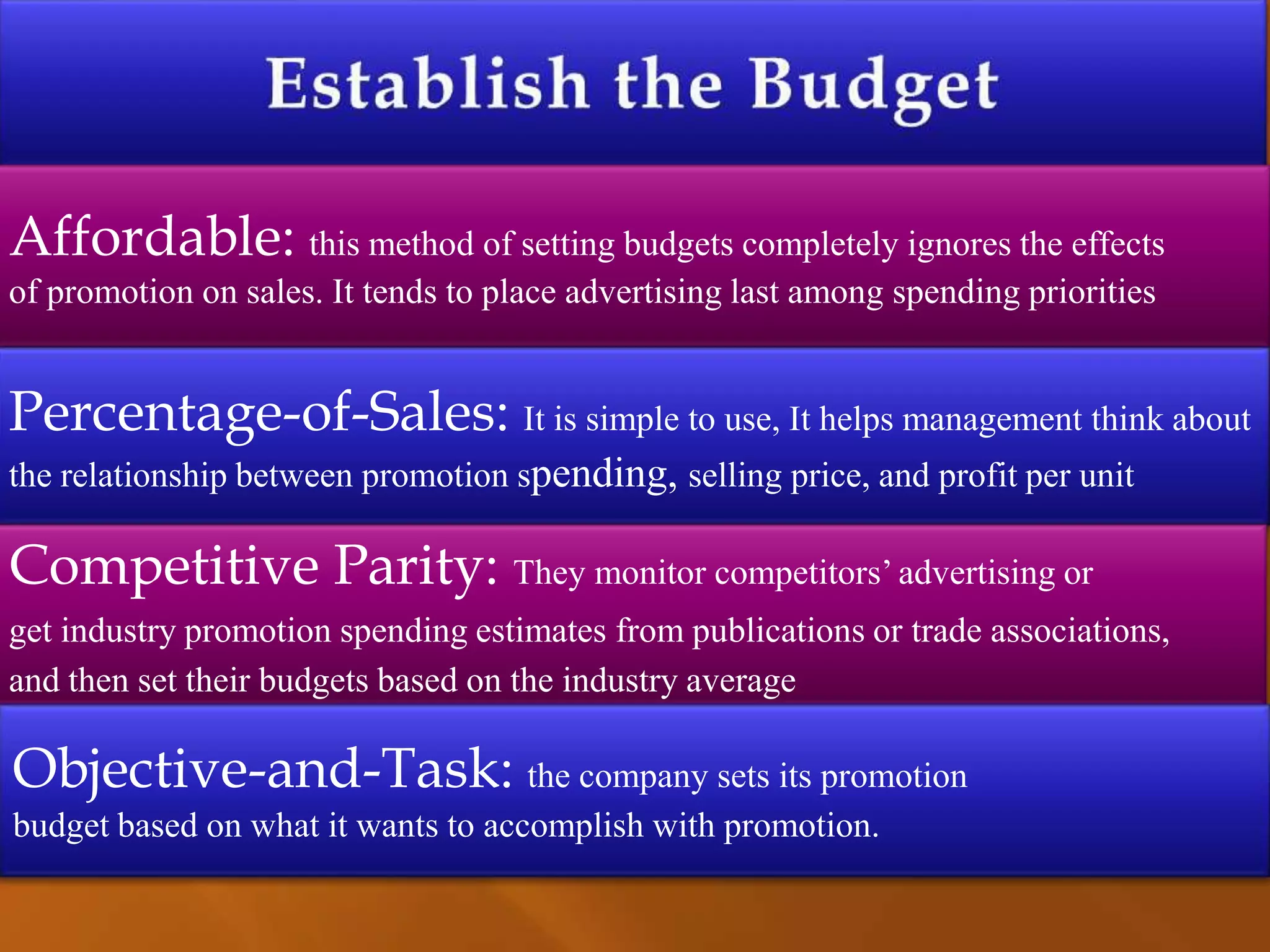 Affordable: this method of setting budgets completely ignores the effects
of promotion on sales. It tends to place advertising last among spending priorities
Percentage-of-Sales: It is simple to use, It helps management think about
the relationship between promotion spending, selling price, and profit per unit
Competitive Parity: They monitor competitors’ advertising or
get industry promotion spending estimates from publications or trade associations,
and then set their budgets based on the industry average
Objective-and-Task: the company sets its promotion
budget based on what it wants to accomplish with promotion.
 