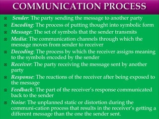 Sender: The party sending the message to another party
 Encoding: The process of putting thought into symbolic form
 Message: The set of symbols that the sender transmits
 Media: The communication channels through which the
message moves from sender to receiver
 Decoding: The process by which the receiver assigns meaning
to the symbols encoded by the sender
 Receiver: The party receiving the message sent by another
party
 Response: The reactions of the receiver after being exposed to
the message
 Feedback: The part of the receiver’s response communicated
back to the sender
 Noise: The unplanned static or distortion during the
communi­cation process that results in the receiver’s getting a
different message than the one the sender sent.
 
