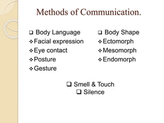 Methods of Communication.
 Body Language
Facial expression
Eye contact
Posture
Gesture
 Body Shape
Ectomorph
Mesomorph
Endomorph
 Smell & Touch
 Silence
 