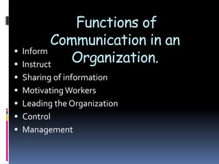 Functions of
Communication in an
Organization.
 Inform
 Instruct
 Sharing of information
 Motivating Workers
 Leading the Organization
 Control
 Management
 