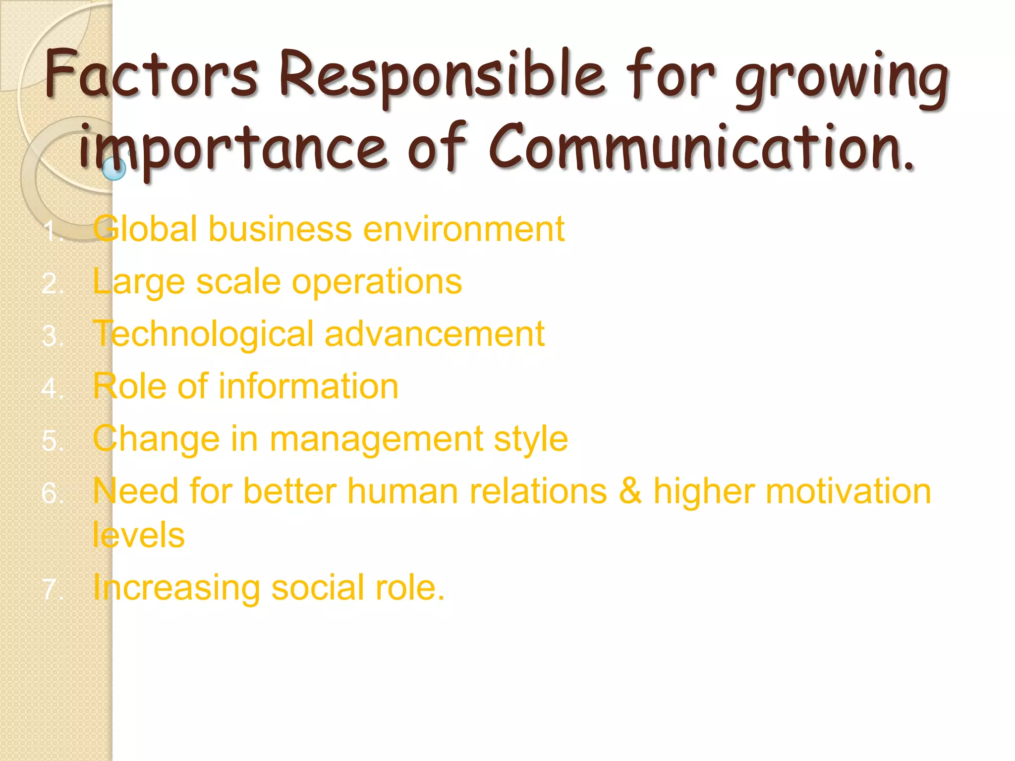Factors Responsible for growing
importance of Communication.
1. Global business environment
2. Large scale operations
3. Technological advancement
4. Role of information
5. Change in management style
6. Need for better human relations & higher motivation
levels
7. Increasing social role.
 