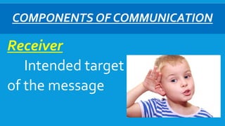 COMPONENTS OF COMMUNICATION
Receiver
Intended target
of the message
 