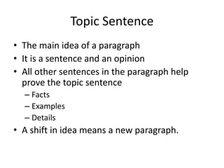 Topic Sentence
• The main idea of a paragraph
• It is a sentence and an opinion
• All other sentences in the paragraph help
prove the topic sentence
– Facts
– Examples
– Details

• A shift in idea means a new paragraph.

 