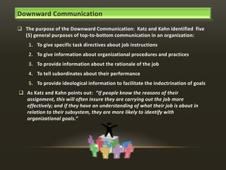 Downward Communication
 The purpose of the Downward Communication: Katz and Kahn identified five
(5) general purposes of top-to-bottom communication in an organization:
1. To give specific task directives about job instructions
2. To give information about organizational procedures and practices
3. To provide information about the rationale of the job

4. To tell subordinates about their performance
5. To provide ideological information to facilitate the indoctrination of goals
 As Katz and Kahn points out: “If people know the reasons of their
assignment, this will often insure they are carrying out the job more
effectively; and if they have an understanding of what their job is about in
relation to their subsystem, they are more likely to identify with
organizational goals.”

 