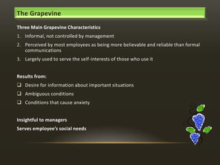 The Grapevine
Three Main Grapevine Characteristics
1. Informal, not controlled by management
2. Perceived by most employees as being more believable and reliable than formal
communications
3. Largely used to serve the self-interests of those who use it
Results from:
 Desire for information about important situations
 Ambiguous conditions
 Conditions that cause anxiety
Insightful to managers
Serves employee’s social needs

 