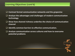 Learning Objectives (cont’d)
 Contrast formal communication networks and the grapevine
 Analyze the advantages and challenges of modern communication
technology
 Show how channel richness underlies the choice of communication
channel
 Identify common barriers to effective communication.
 Analyze communication across cultures and how to overcome
potential problems

 