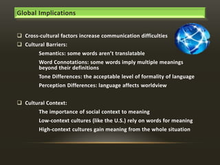Global Implications
 Cross-cultural factors increase communication difficulties
 Cultural Barriers:
Semantics: some words aren’t translatable

Word Connotations: some words imply multiple meanings
beyond their definitions
Tone Differences: the acceptable level of formality of language
Perception Differences: language affects worldview
 Cultural Context:
The importance of social context to meaning
Low-context cultures (like the U.S.) rely on words for meaning
High-context cultures gain meaning from the whole situation

 