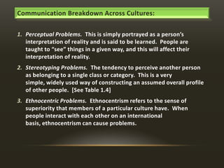 Communication Breakdown Across Cultures:
1. Perceptual Problems. This is simply portrayed as a person’s
interpretation of reality and is said to be learned. People are
taught to “see” things in a given way, and this will affect their
interpretation of reality.
2. Stereotyping Problems. The tendency to perceive another person
as belonging to a single class or category. This is a very
simple, widely used way of constructing an assumed overall profile
of other people. [See Table 1.4]

3. Ethnocentric Problems. Ethnocentrism refers to the sense of
superiority that members of a particular culture have. When
people interact with each other on an international
basis, ethnocentrism can cause problems.

 