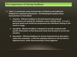 The Importance of Giving Feedback
 Table 1.2 summarizes some characteristics of effective and ineffective
feedback for employee performance. The following list explains these
characteristics in more detail:
1. Intention. Effective feedback is directed toward improving job
performance and making the employee a more valuable asset. It is not a
personal attack and should not compromise the individual’s feeling of self worth or image.

2. Specificity. Effective feedback is designed to provide recipients with
specific information so that they know what must be done to correct the
situation.
3. Description. Effective feedback can also be characterized as descriptive
rather than evaluative. It tells the employee what he or she has done in
objective terms, rather than presenting a value judgment.

 
