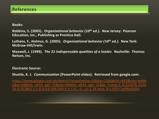 References
Books:
Robbins, S. (2005). Organizational behavior (10th ed.). New Jersey: Pearson
Education, Inc., Publishing as Prentice Hall.
Luthans, F., Holmes, G. (2005). Organizational behavior (10th ed.). New York:
McGraw-Hill/Irwin.

Maxwell, J. (1999). The 21 indispensable qualities of a leader. Nashville: Thomas
Nelson, Inc.
Electronic Source:
Shuttle, K. J. Communication [PowerPoint slides]. Retrieved from google.com:
https://www.google.com.ph/search?newwindow=1&biw=1366&bih=643&site=webh
p&q=robbins_ob14_ppt_11&oq=robbins_ob14_ppt_11&gs_l=serp.3..0.252076.2520
76.0.252862.1.1.0.0.0.0.504.504.5-1.1.0....0...1c.1.26.serp..0.1.503.CvdYApQzShI

 