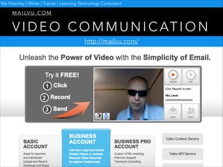 Nik Peachey | Writer | Trainer | Learning Technology Consultant

M A I LV U . C O M

V I D E O C O M M U N I C AT I O N
http://mailvu.com/

 