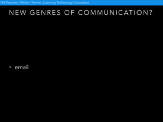 Nik Peachey | Writer | Trainer | Learning Technology Consultant

N E W G E N R E S O F C O M M U N I C AT I O N ?

• email

 