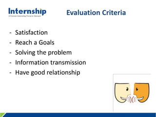 456 Le Quang Dinh St., Ward 11, Binh Thanh Dist., HCMC, Viet Nam – Tel: (84.8) 3515 0635 www.internship.edu.vn
Evaluation Criteria
- Satisfaction
- Reach a Goals
- Solving the problem
- Information transmission
- Have good relationship
 