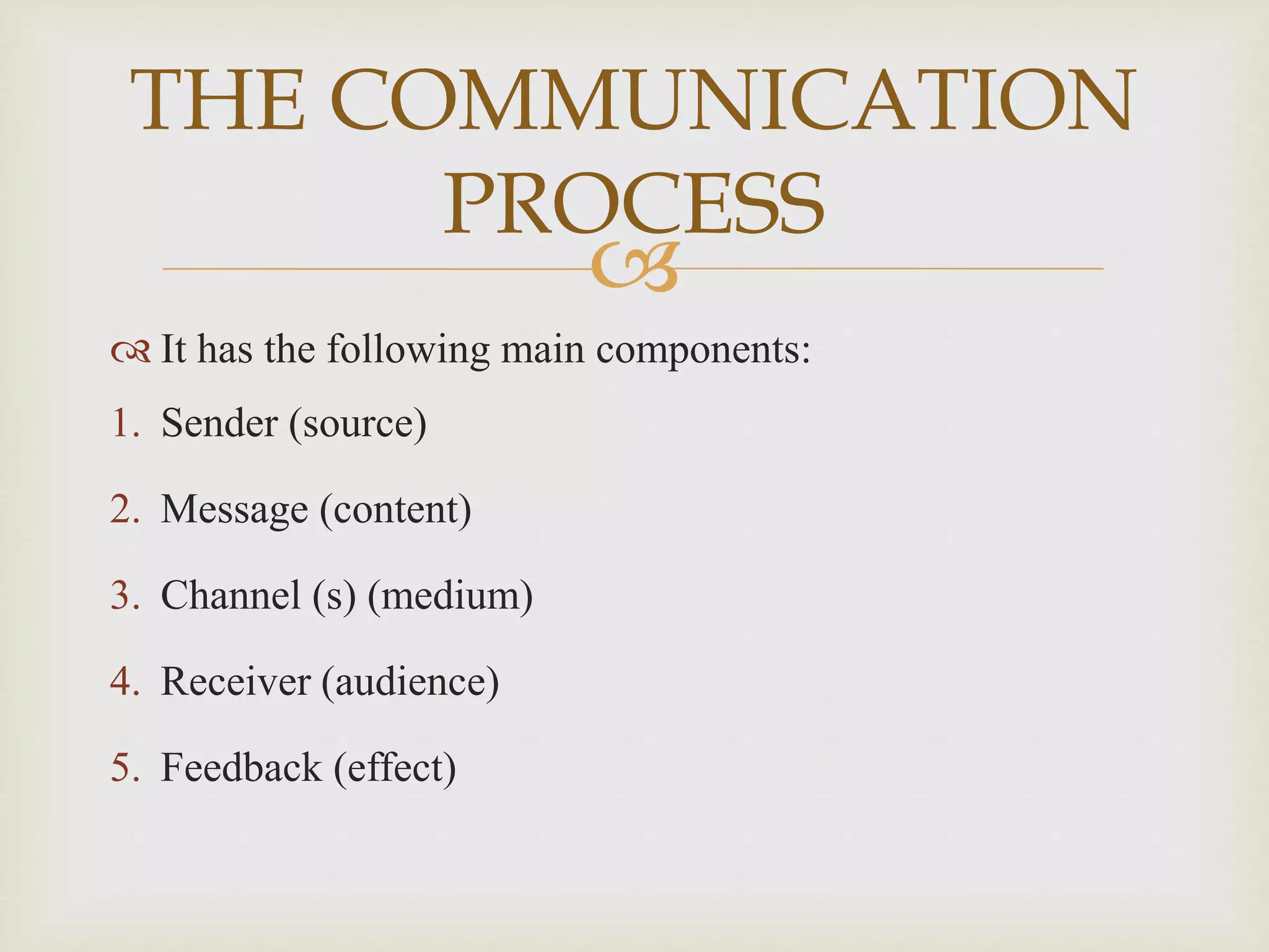 
 It has the following main components:
1. Sender (source)
2. Message (content)
3. Channel (s) (medium)
4. Receiver (audience)
5. Feedback (effect)
THE COMMUNICATION
PROCESS
 