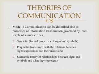 
 Model 1 Communication can be described also as
processes of information transmission governed by three
levels of semiotic rules
1. Syntactic (formal properties of signs and symbols)
2. Pragmatic (concerned with the relations between
signs/expressions and their users) and
3. Ssemantic (study of relationships between signs and
symbols and what they represent).
THEORIES OF
COMMUNICATION
 