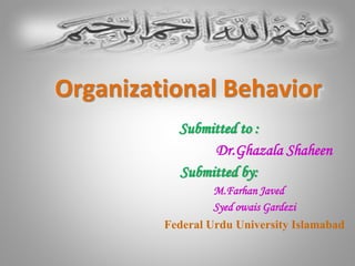 Submitted to :
Dr.Ghazala Shaheen
Submitted by:
M.Farhan Javed
Syed owais Gardezi
Federal Urdu University Islamabad
Organizational Behavior
 