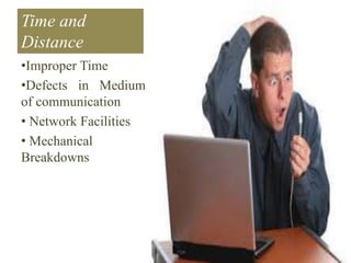 Time and 
Distance 
•Improper Time 
•Defects in Medium 
of communication 
• Network Facilities 
• Mechanical 
Breakdowns 
10 
 