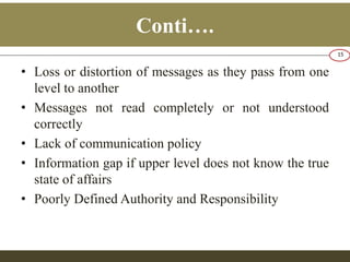 Conti…. 
• Loss or distortion of messages as they pass from one 
level to another 
• Messages not read completely or not understood 
correctly 
• Lack of communication policy 
• Information gap if upper level does not know the true 
state of affairs 
• Poorly Defined Authority and Responsibility 
15 
 