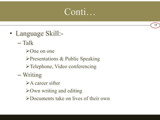 Conti… 
• Language Skill:- 
– Talk 
One on one 
Presentations & Public Speaking 
Telephone, Video conferencing 
– Writing 
A career sifter 
Own writing and editing 
Documents take on lives of their own 
19 
 