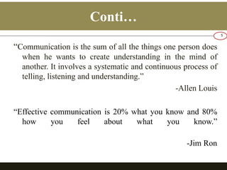 Conti… 
“Communication is the sum of all the things one person does 
when he wants to create understanding in the mind of 
another. It involves a systematic and continuous process of 
telling, listening and understanding.” 
-Allen Louis 
“Effective communication is 20% what you know and 80% 
how you feel about what you know.” 
-Jim Ron 
5 
 