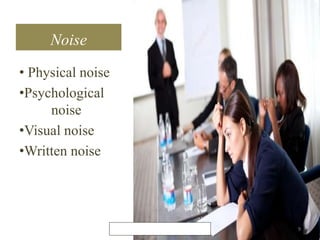 Noise 
• Physical noise 
•Psychological 
noise 
•Visual noise 
•Written noise 
9 
 