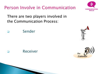 There are two players involved in
the Communication Process:
 Sender
 Receiver
 