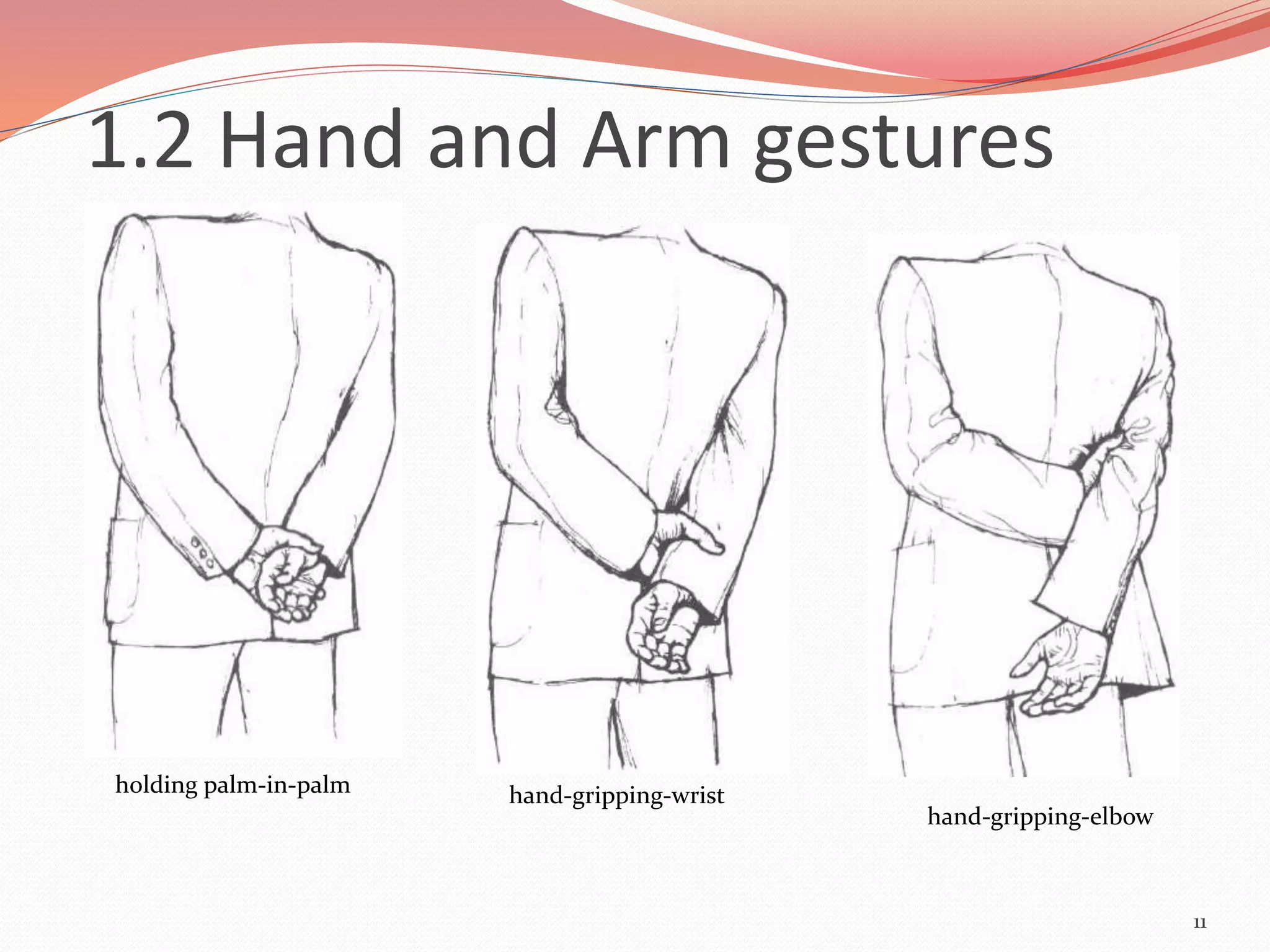 11
holding palm-in-palm hand-gripping-wrist
hand-gripping-elbow
1.2 Hand and Arm gestures
 