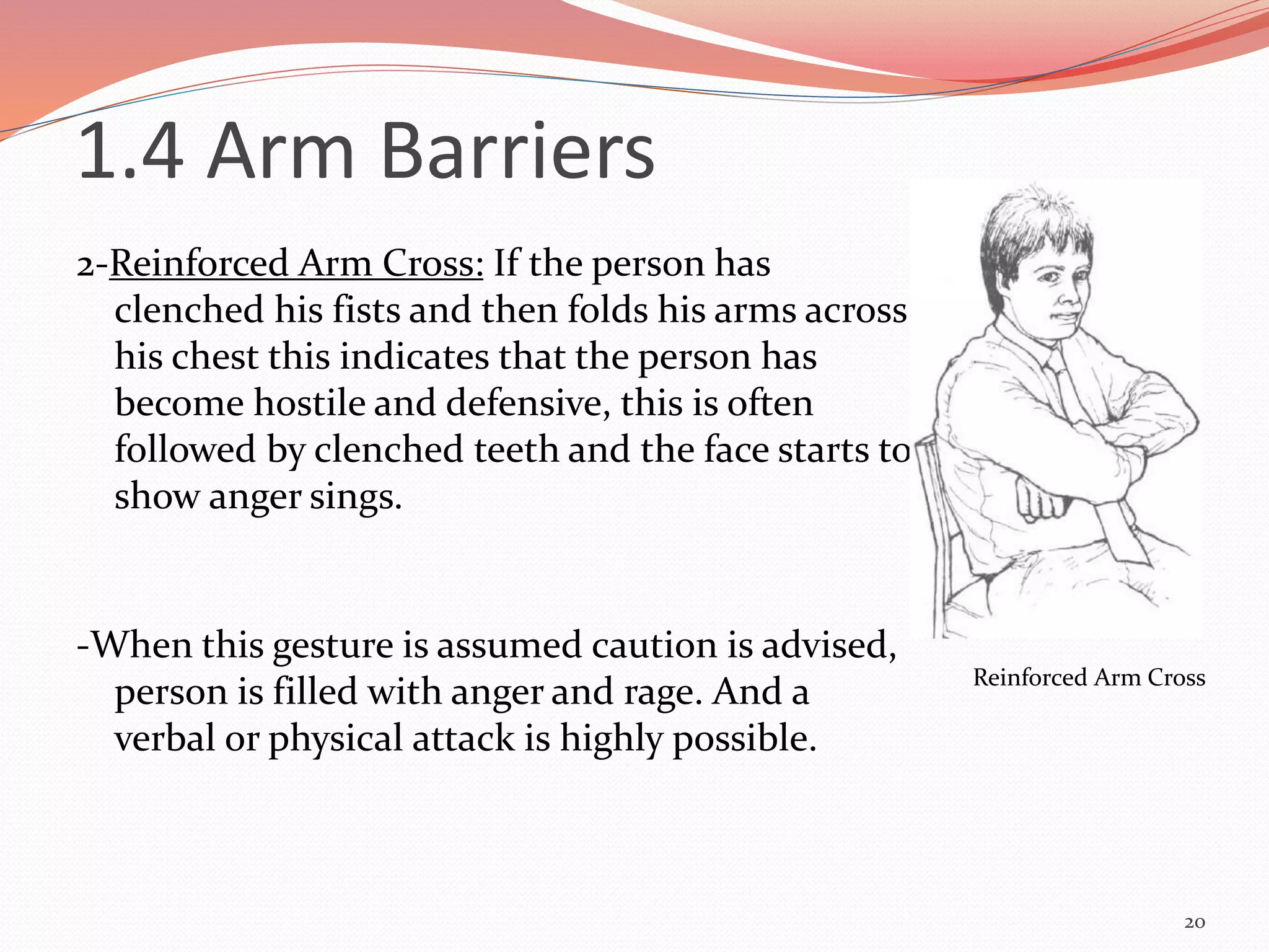 2-Reinforced Arm Cross: If the person has
clenched his fists and then folds his arms across
his chest this indicates that the person has
become hostile and defensive, this is often
followed by clenched teeth and the face starts to
show anger sings.
-When this gesture is assumed caution is advised,
person is filled with anger and rage. And a
verbal or physical attack is highly possible.
20
Reinforced Arm Cross
1.4 Arm Barriers
 