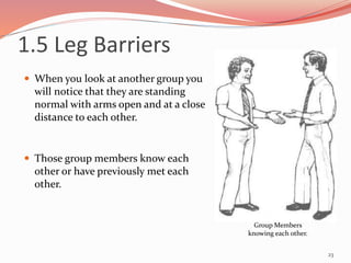  When you look at another group you
will notice that they are standing
normal with arms open and at a close
distance to each other.
 Those group members know each
other or have previously met each
other.
23
Group Members
knowing each other.
1.5 Leg Barriers
 